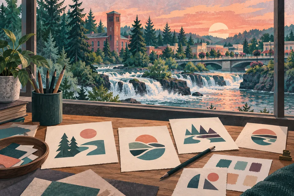 Conceptual identity sketches overlooking a Tumwater river and historic district
