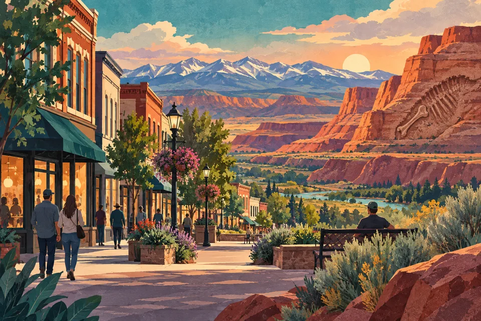 Conceptual Vernal downtown, red rock and distant Uinta Mountains