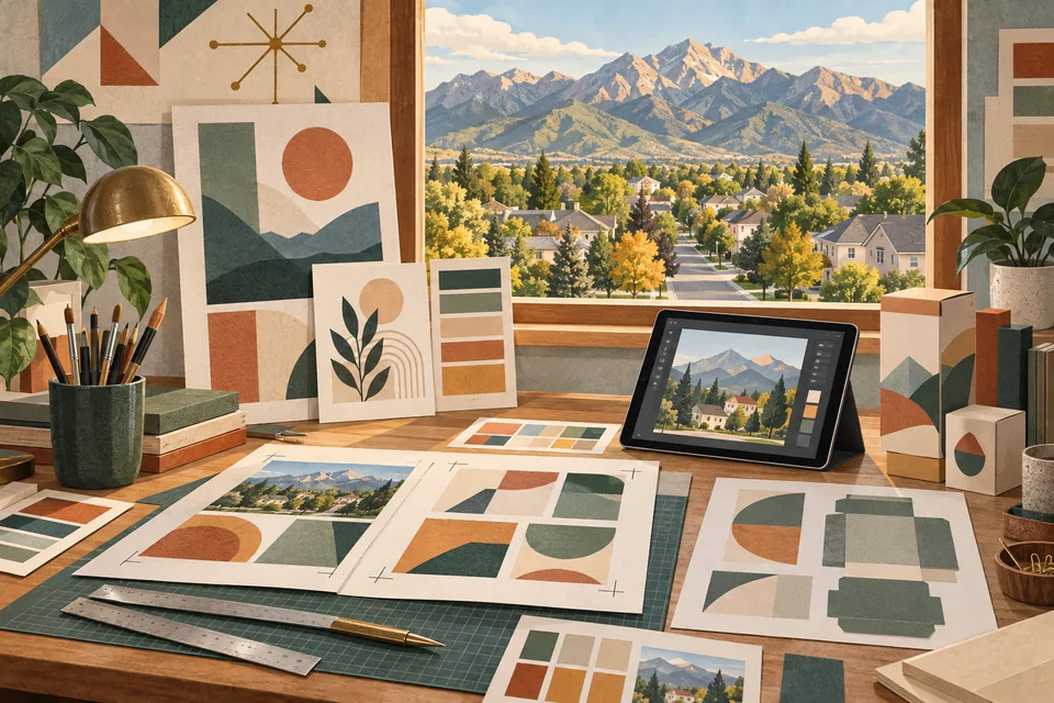 Conceptual graphic design materials overlooking a Washington Terrace-inspired forested Wasatch Front neighborhood