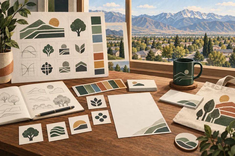 Conceptual identity sketches beside a Washington Terrace-inspired Wasatch Front neighborhood and evergreen landscape