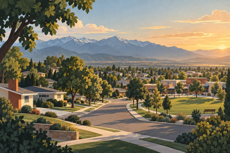 Conceptual Washington Terrace neighborhood, community park and business cluster beneath the Wasatch Mountains