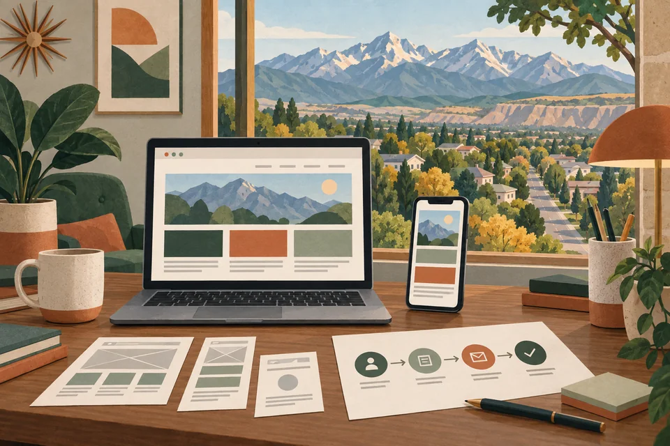 Conceptual responsive web design desk overlooking a Washington Terrace-inspired forested Wasatch Front neighborhood