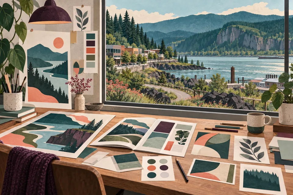 Conceptual graphic design materials overlooking the Washougal waterfront and Gorge