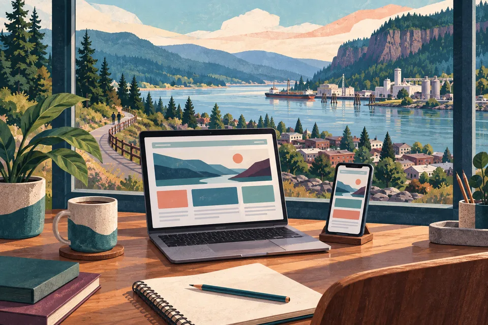 Conceptual web design desk overlooking the Washougal waterfront and Gorge