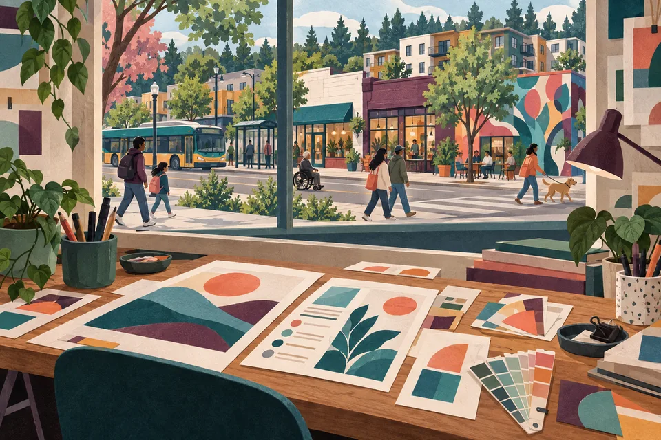 Conceptual graphic design materials overlooking a White Center neighborhood business district