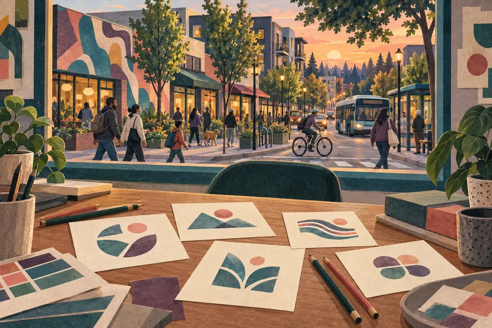 Conceptual identity sketches overlooking a White Center neighborhood business district