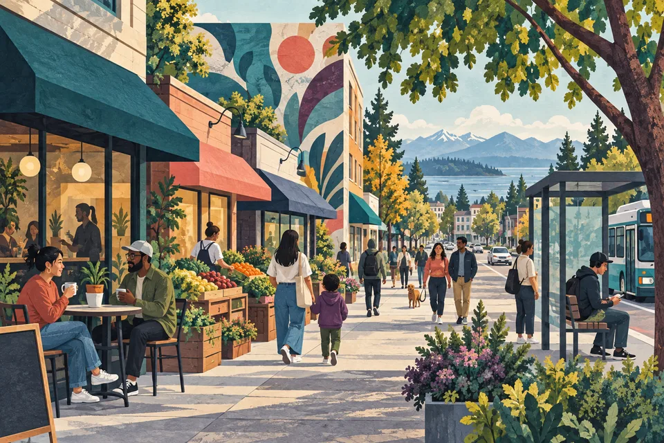 Conceptual White Center neighborhood business district with storefronts and transit