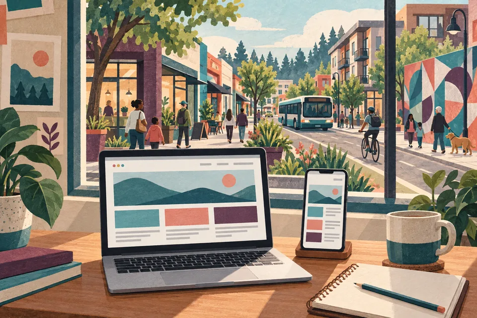 Conceptual web design desk overlooking a White Center neighborhood business district